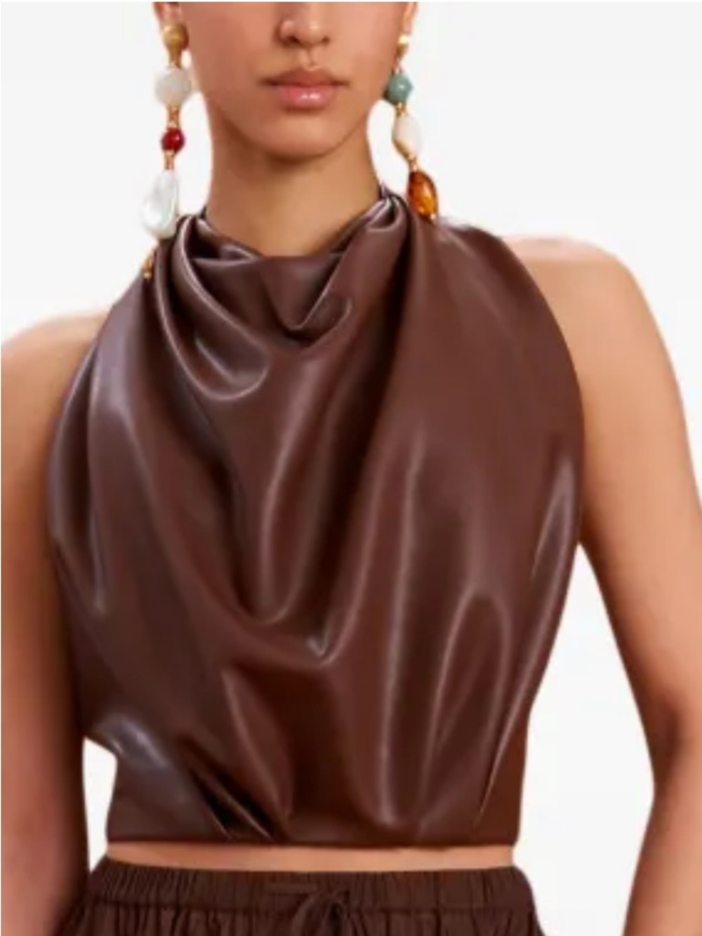 Cult Gaia Adrienne top Brown Faux-Leather Draped Halter Top